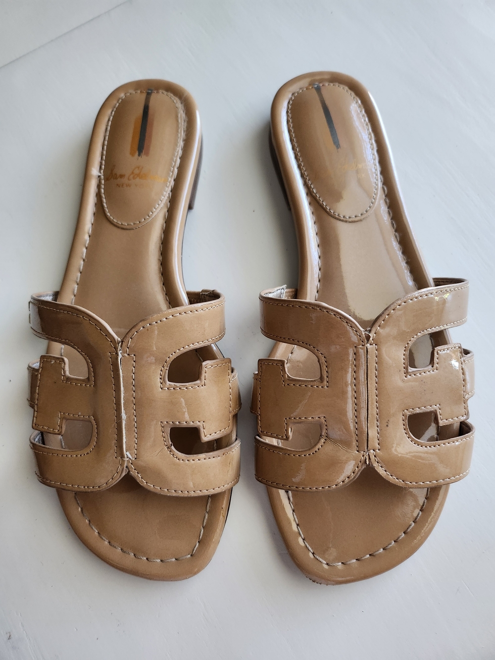 Sam Edelman Nude Patent Leather Cutout Slide Sandals